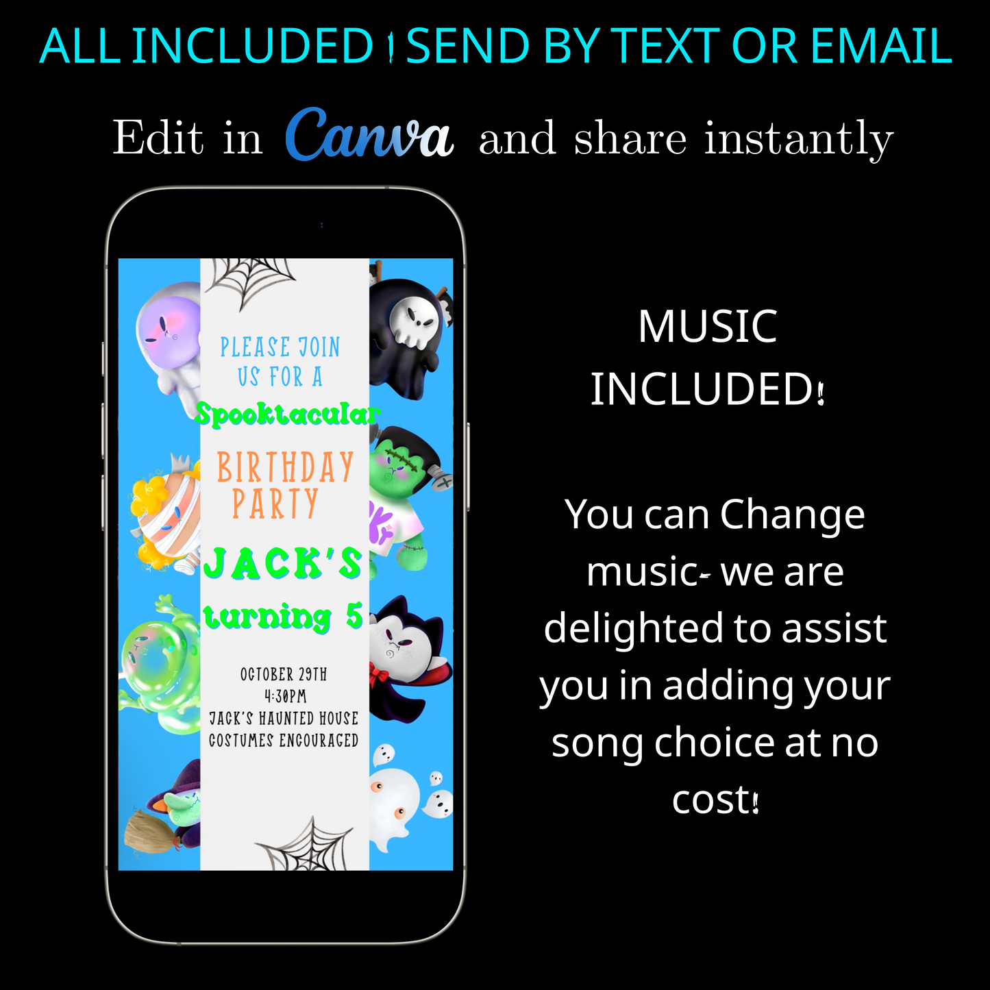 Halloween-Videoeinladung, animierte Einladung „Kleine Monster“, bearbeitbare mobile Halloween-Party-Einladung