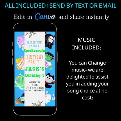 Halloween-Videoeinladung, animierte Einladung „Kleine Monster“, bearbeitbare mobile Halloween-Party-Einladung