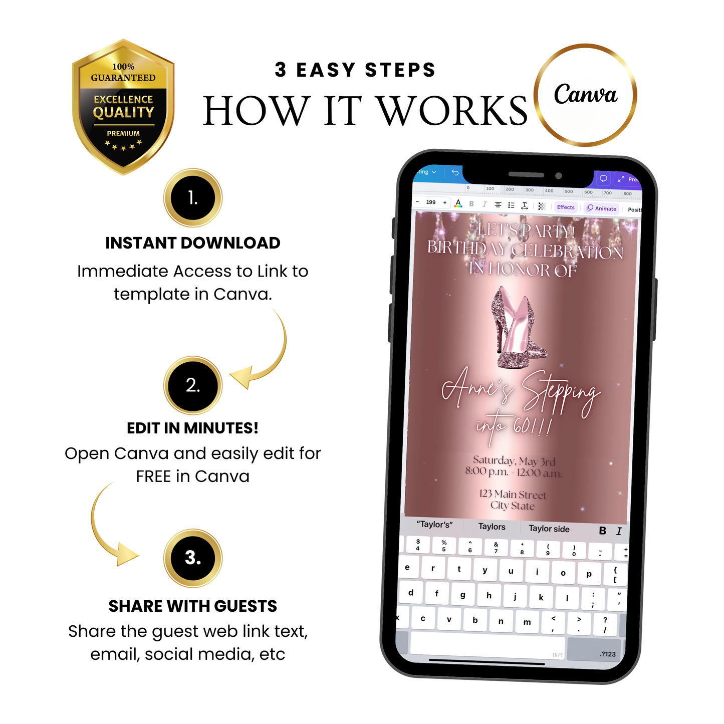 Stepping Into My Birthday Video Invite | Rose Gold Heel Digital Evite | Editable Canva Invite Template