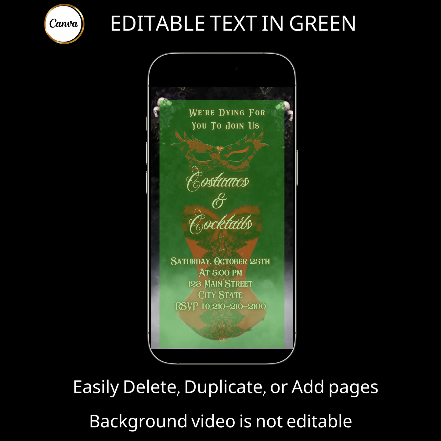 Halloween Video Invitation, Sexy Masquerade Animated Invite, Editable Halloween Party Mobile Evite