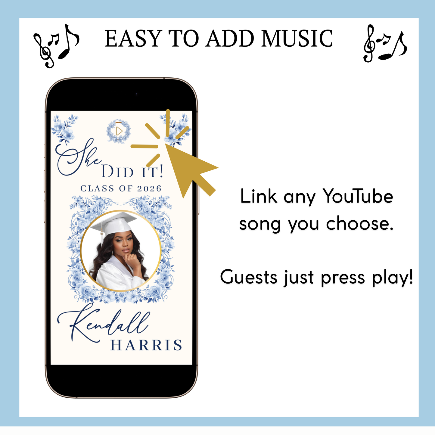 Einladung zur Abschlussfeier 2026 | Canva-Vorlage für Antwortmöglichkeit mit Musik | Blaues Blumenmuster für sie
