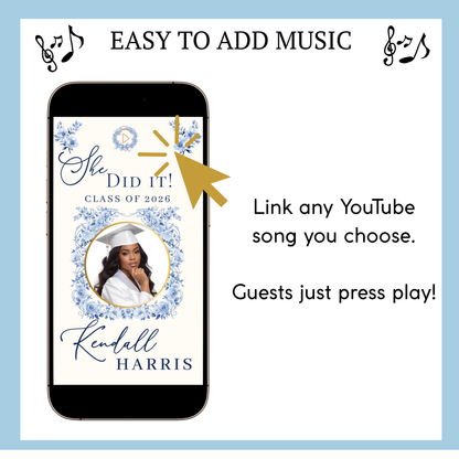 Einladung zur Abschlussfeier 2026 | Canva-Vorlage für Antwortmöglichkeit mit Musik | Blaues Blumenmuster für sie