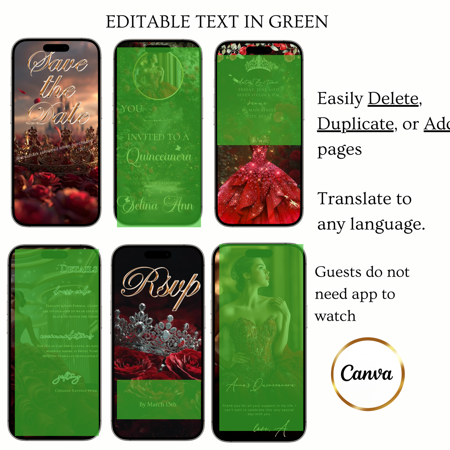 Red Roses Video Invite | Digital Quinceanera Sweet 15 16 Invite | Editable Canva Evite Template