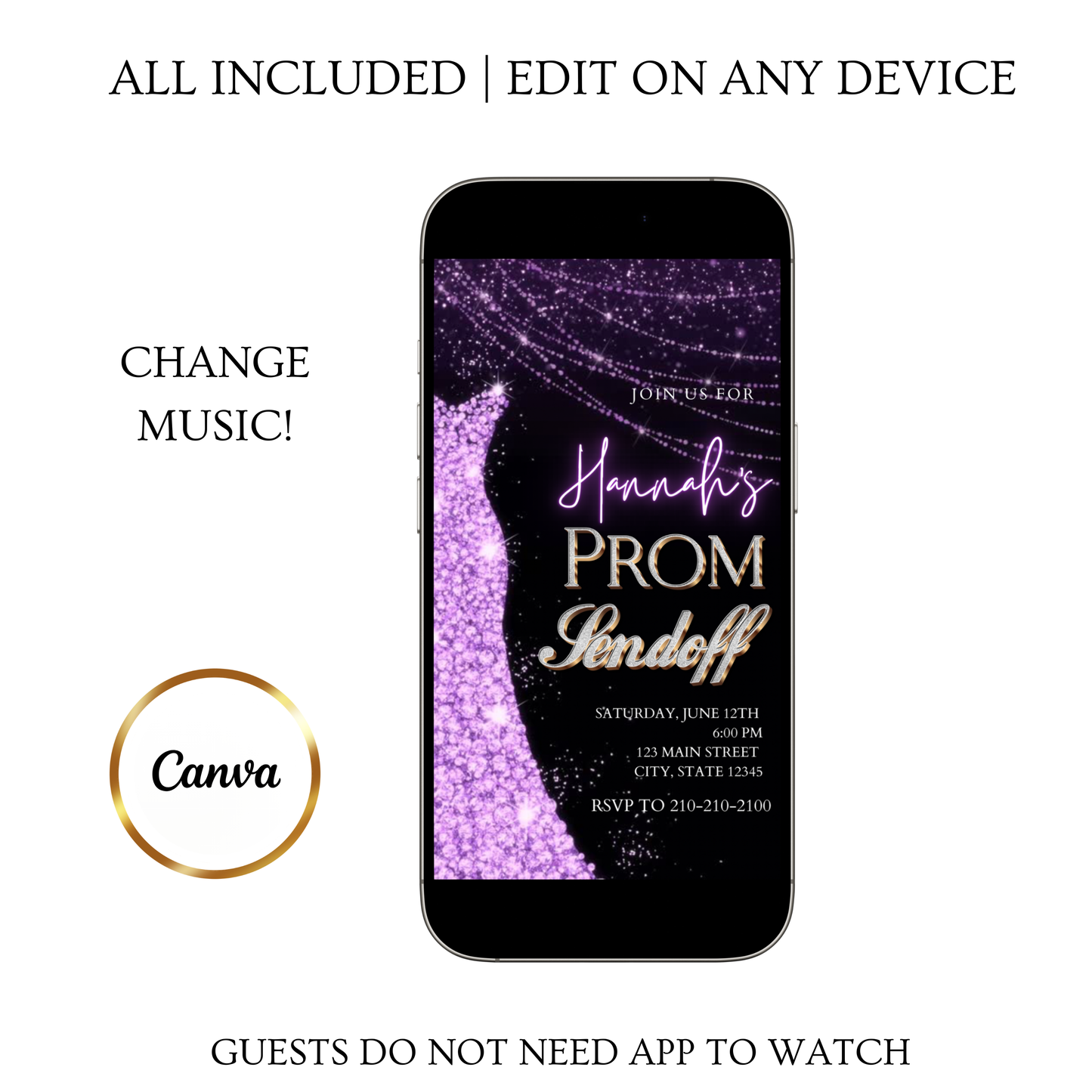 Purple Prom Send Off Video Invitation – Editable Canva Animated Invite