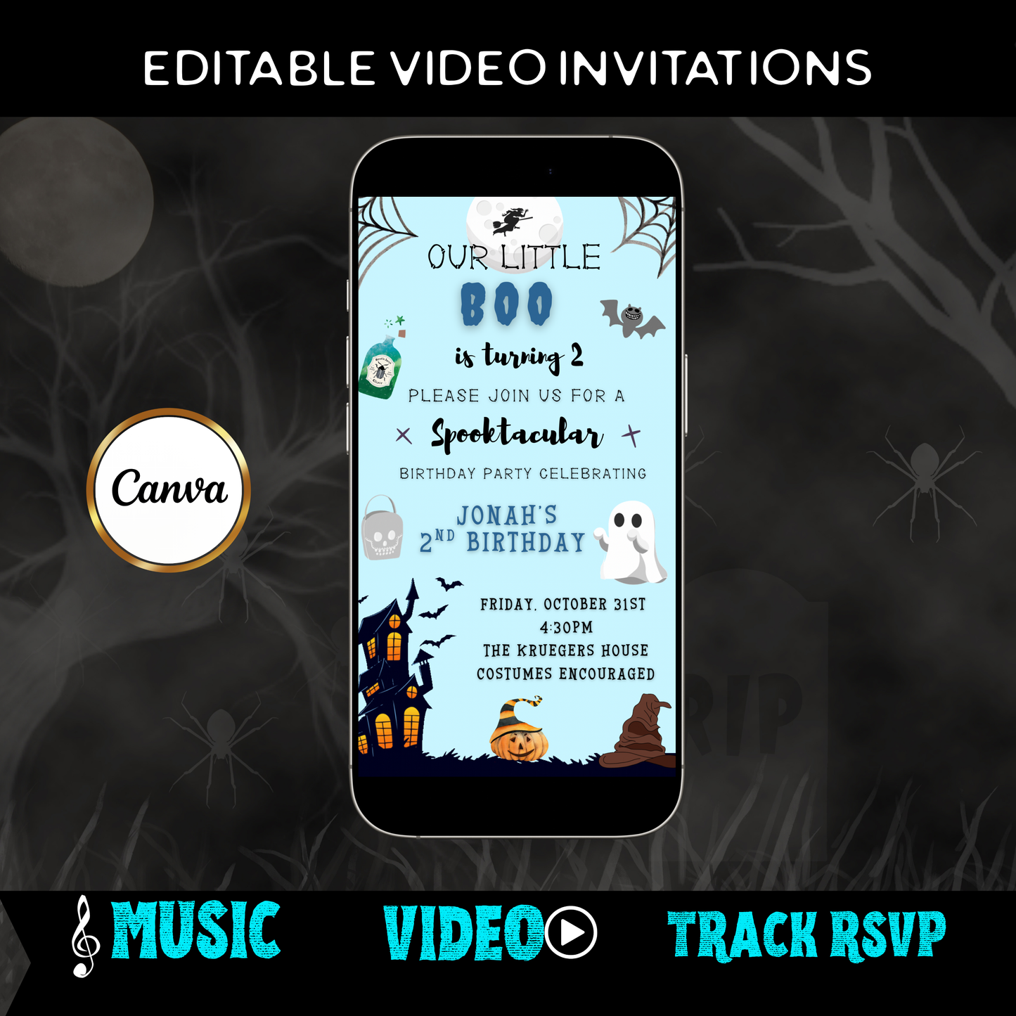Halloween Video Invitation, Little Blue Boo Animated Invite, Editable Halloween Party Mobile Evite