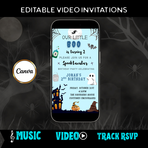 Halloween Video Invitation, Little Blue Boo Animated Invite, Editable Halloween Party Mobile Evite
