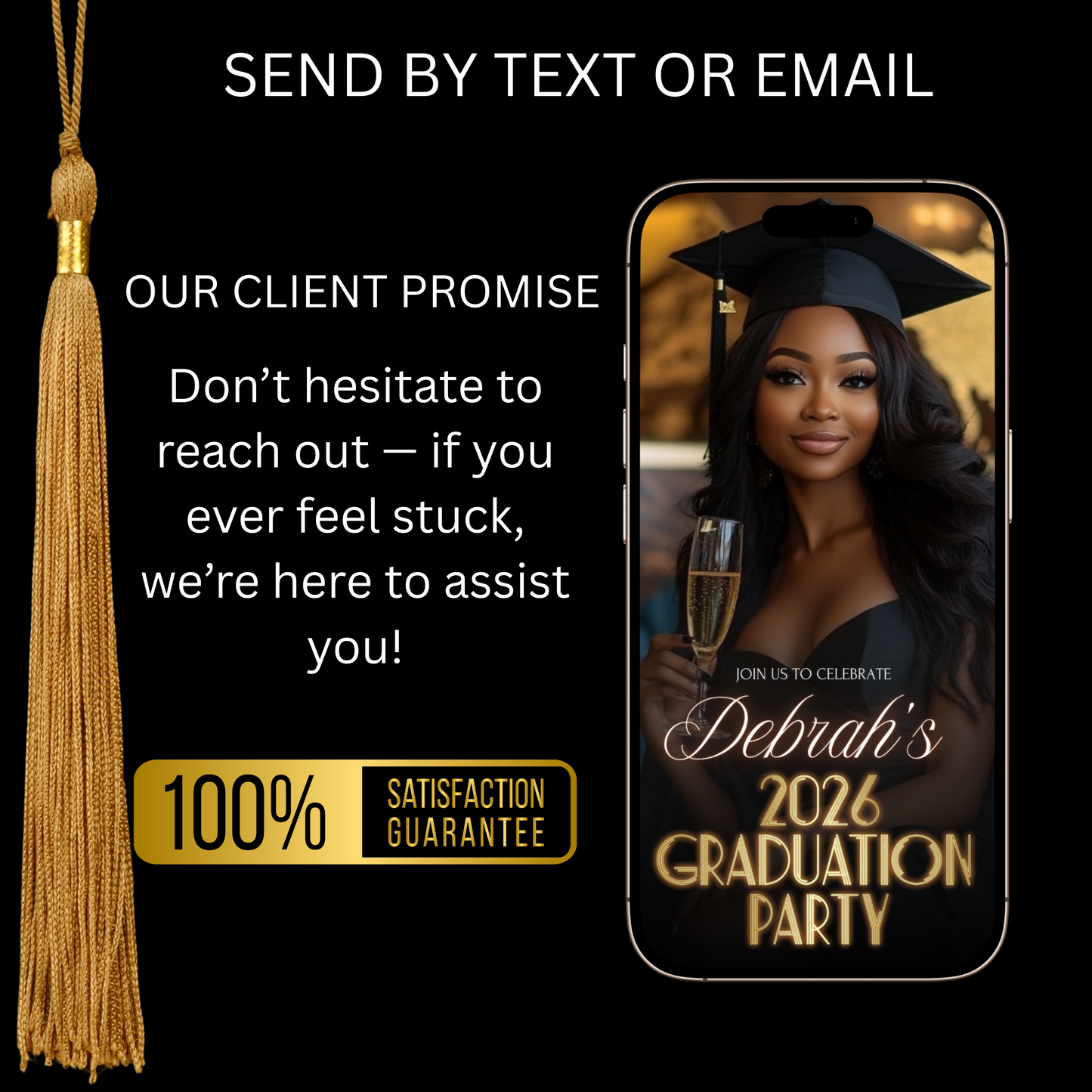 Black and Gold Graduation Party Video Invitation | Digital Glam Graduation Invite | Editable Online RSVP Evite Canva Template