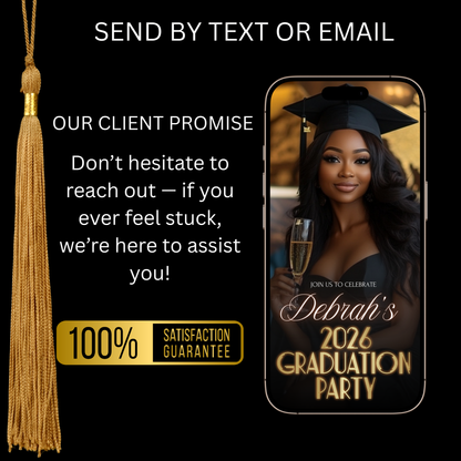 Black and Gold Graduation Party Video Invitation | Digital Glam Graduation Invite | Editable Online RSVP Evite Canva Template