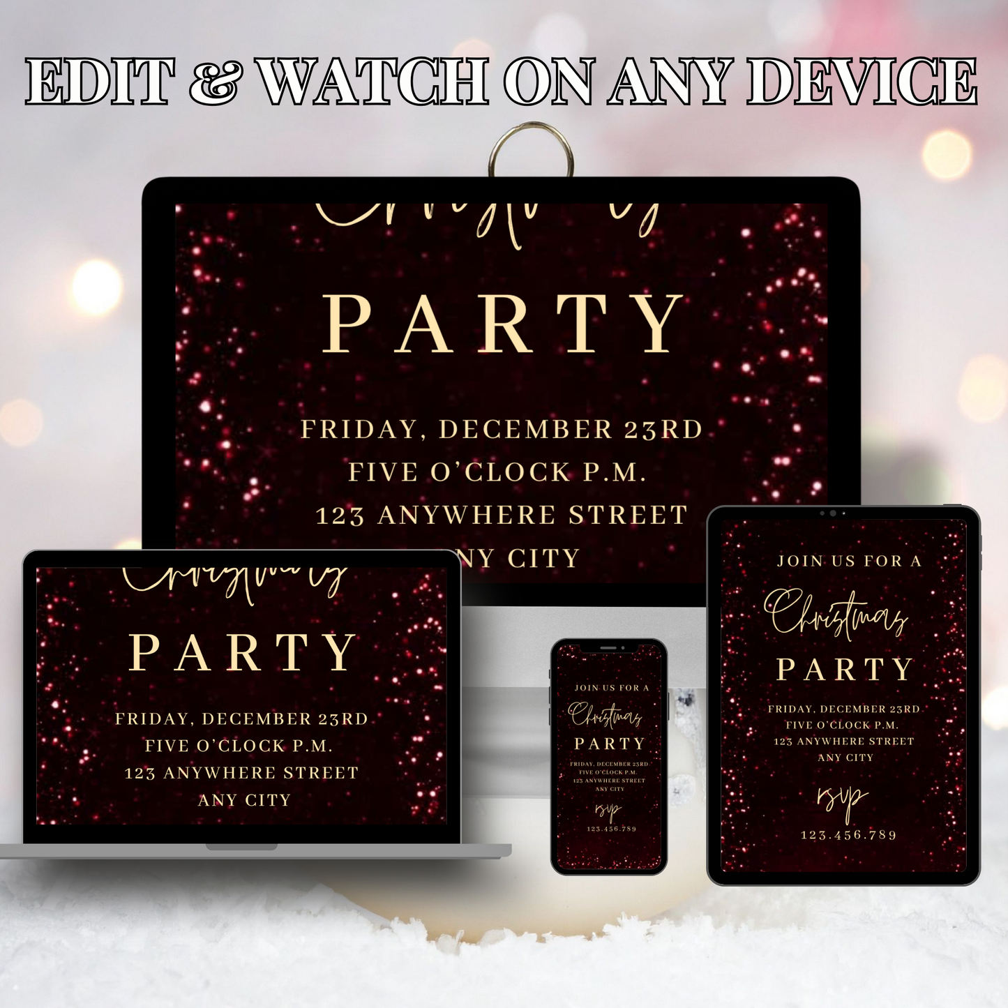 Red Glitter Christmas Party Video Invitation – Editable Red and Gold Elegant Holiday Evite