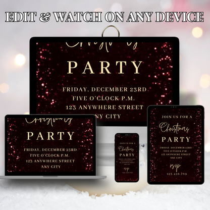 Red Glitter Christmas Party Video Invitation – Editable Red and Gold Elegant Holiday Evite