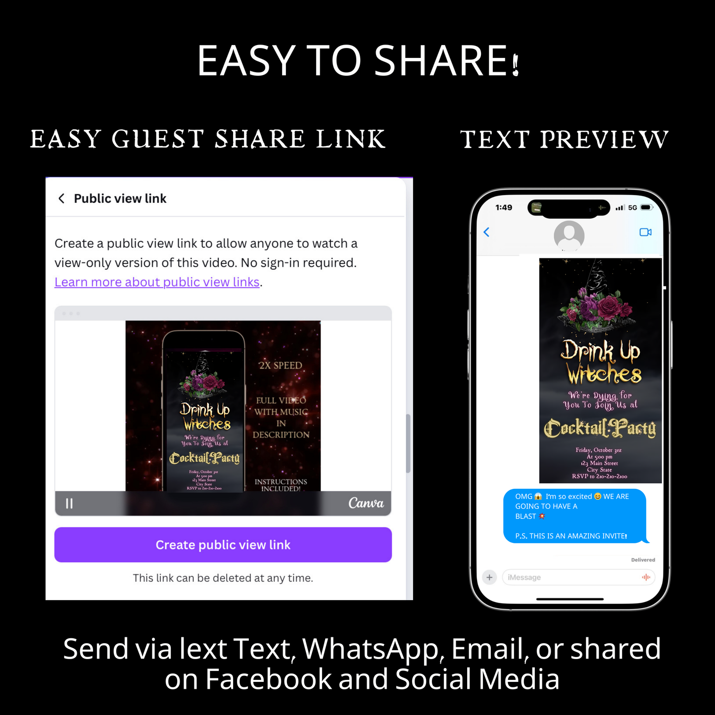 Halloween-Videoeinladung, animierte Einladung „Hexen trinken“, bearbeitbare mobile Einladung zur Halloween-Party