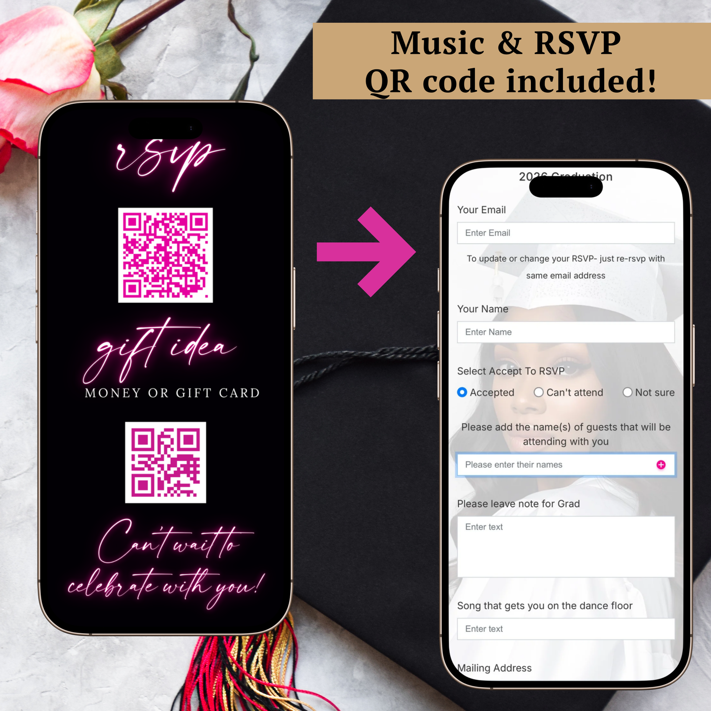 2026 Graduation Party Video Invitation | Digital Pink Graduation Invite | Editable Online RSVP Evite Canva Template