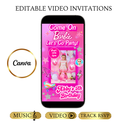 Editable Barbie Video Invitation | Animated Pink Barbie Digital Evite | Editable Canva Invite Template