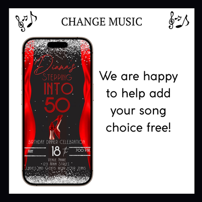 Stepping Into My Birthday Video Invite | Red Heel Birthday Digital Evite | Editable Canva Invite Template