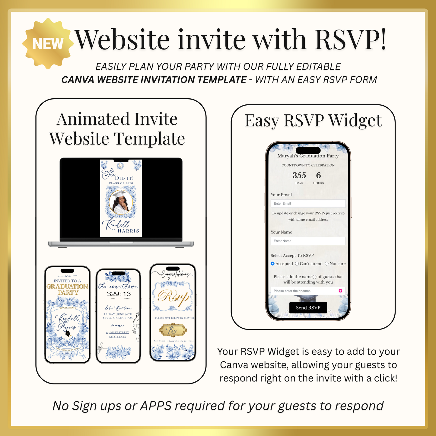 Einladung zur Abschlussfeier 2026 | Canva-Vorlage für Antwortmöglichkeit mit Musik | Blaues Blumenmuster für sie