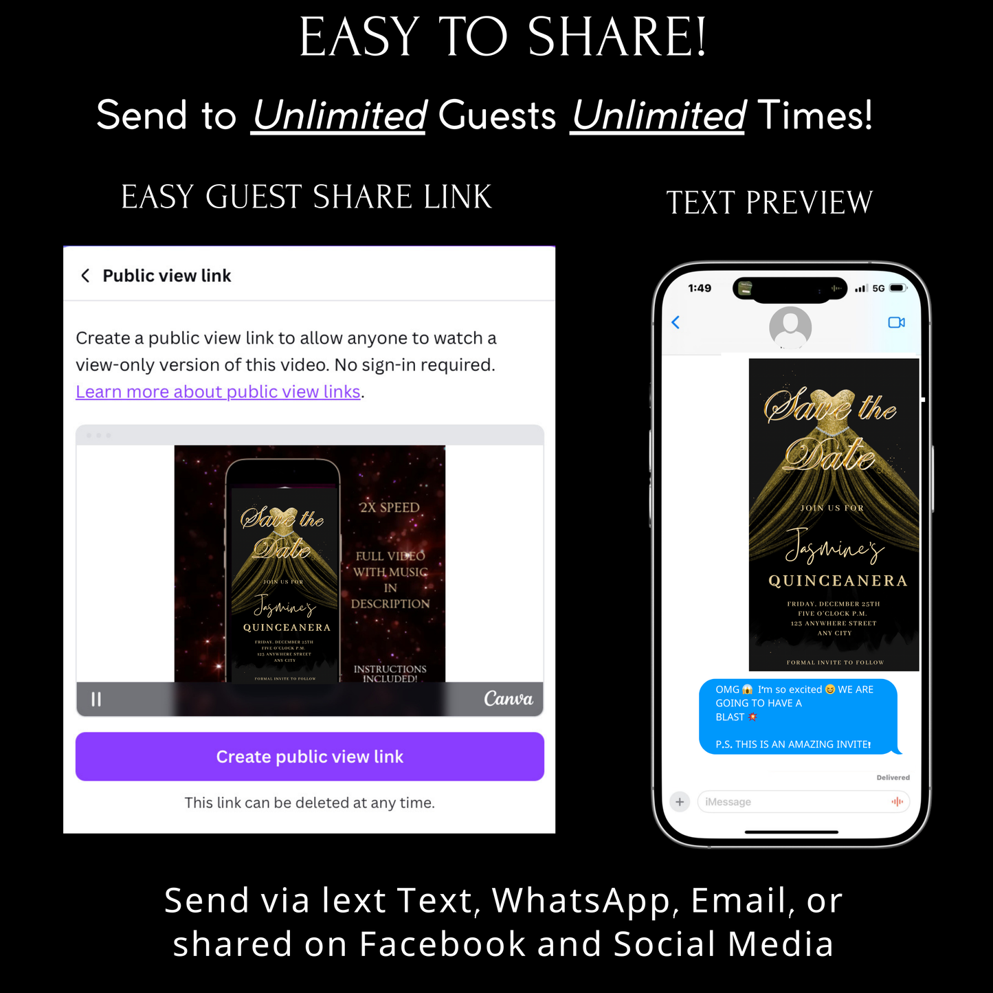 Gold Quinceañera Video Invite | Sweet 15 16 Quince RSVP Tracker | Editable Canva Evite Template