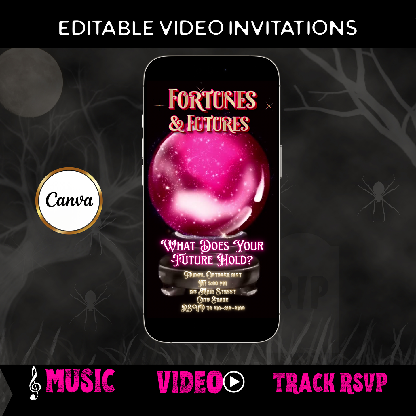 Halloween Video Invitation, Fortune Teller Animated Invite, Editable Halloween Party Mobile Evite
