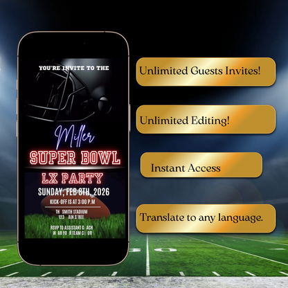 Super Bowl Party Video Invitation | Digital Football Game Day Invite | Editable Online Template