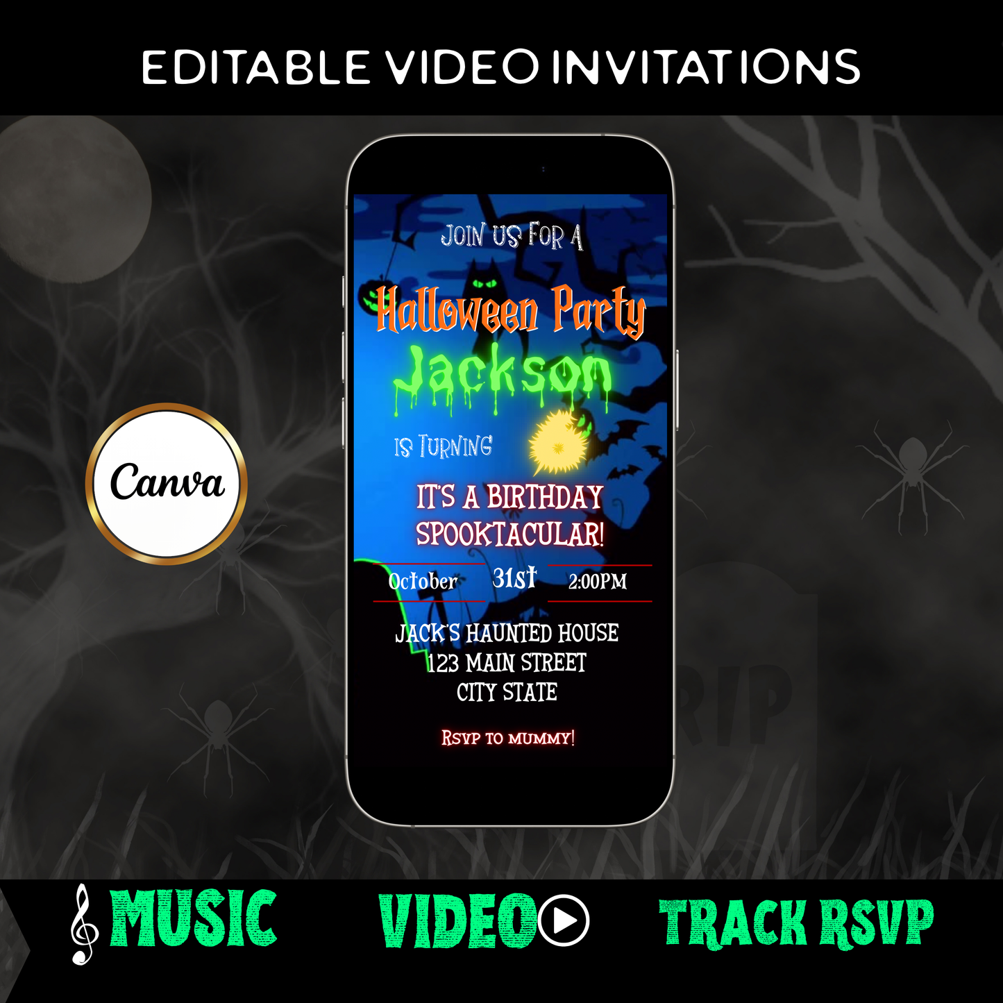 Halloween-Videoeinladung, animierte Einladung zum gruseligen Geburtstag für Jungen, bearbeitbare mobile Einladung zur Halloween-Party