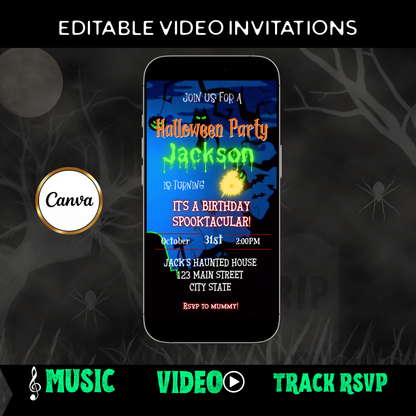 Halloween-Videoeinladung, animierte Einladung zum gruseligen Geburtstag für Jungen, bearbeitbare mobile Einladung zur Halloween-Party