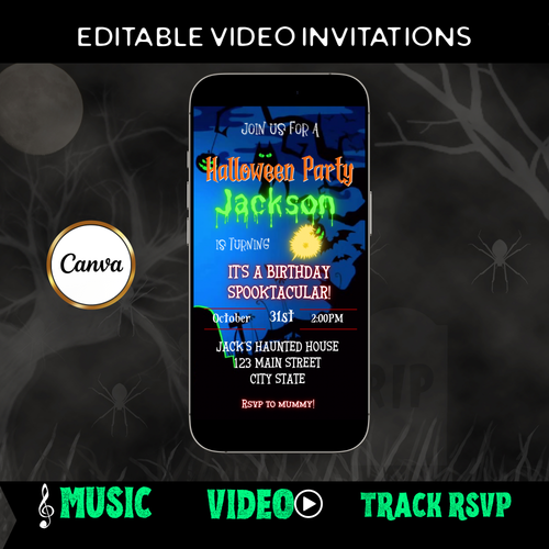 Halloween-Videoeinladung, animierte Einladung zum gruseligen Geburtstag für Jungen, bearbeitbare mobile Einladung zur Halloween-Party