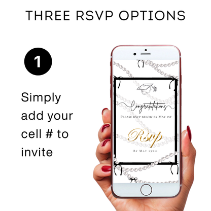 Graduation Party Video Invitation | White and Black Bow Graduation Invite for Her | Editable Online RSVP Evite Canva Template