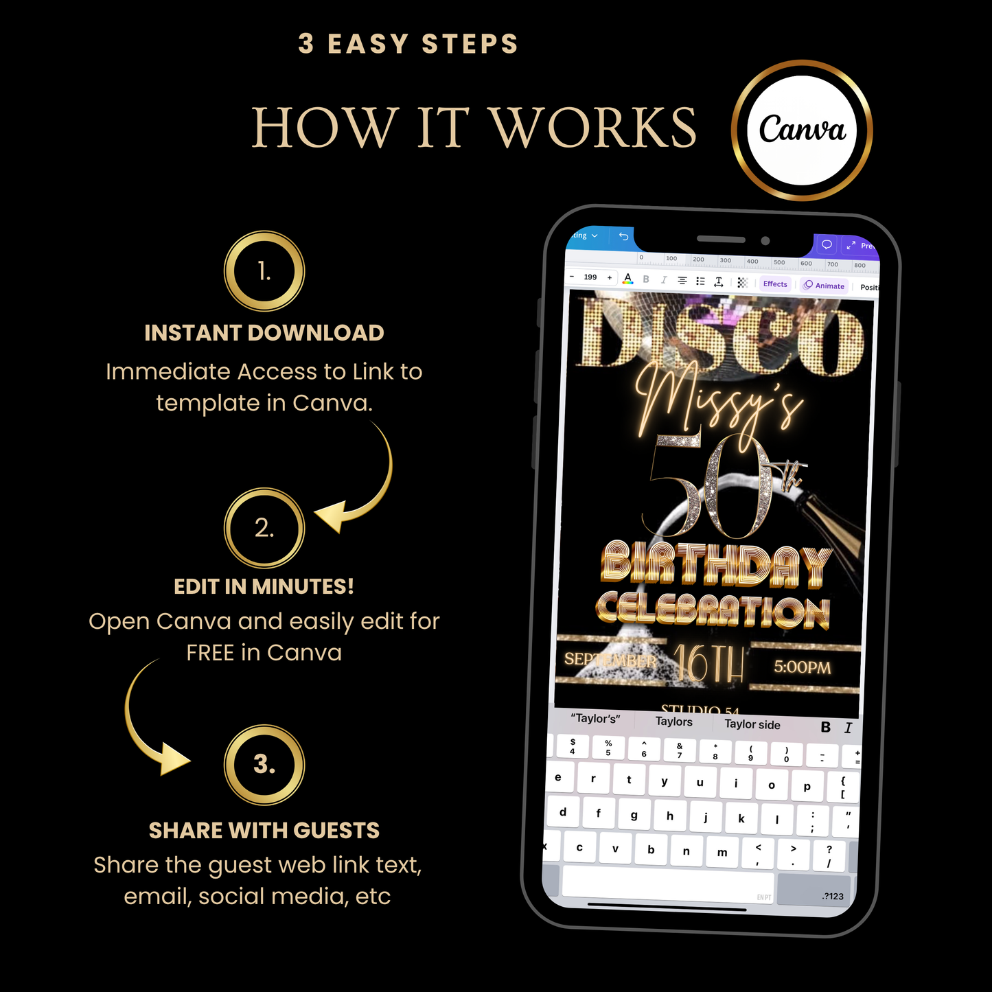 Editable Disco Video Invitation Template | Mobile Animated Invite 50th Birthday | Canva Video Evite Download