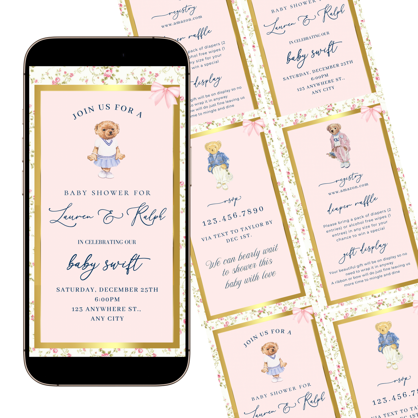 Pink Polo Bear Video Invitation | Digital Preppy Pink Spring RSVP Tracker Invite | Editable Canva Template