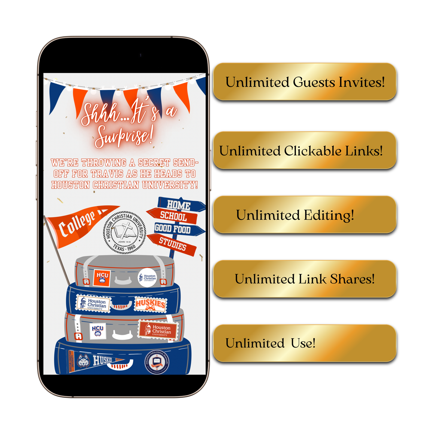 Bearbeitbare Videoeinladung der Houston Christian University | Digitale Einladung der HCU Huskies | Bearbeitbare Canva-Einladungsvorlage