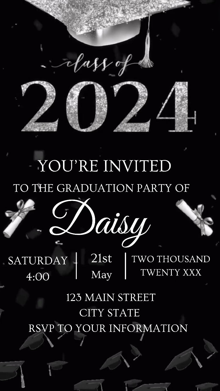 2024 Graduation Video Invitation, Black and silver Graduation Invitation