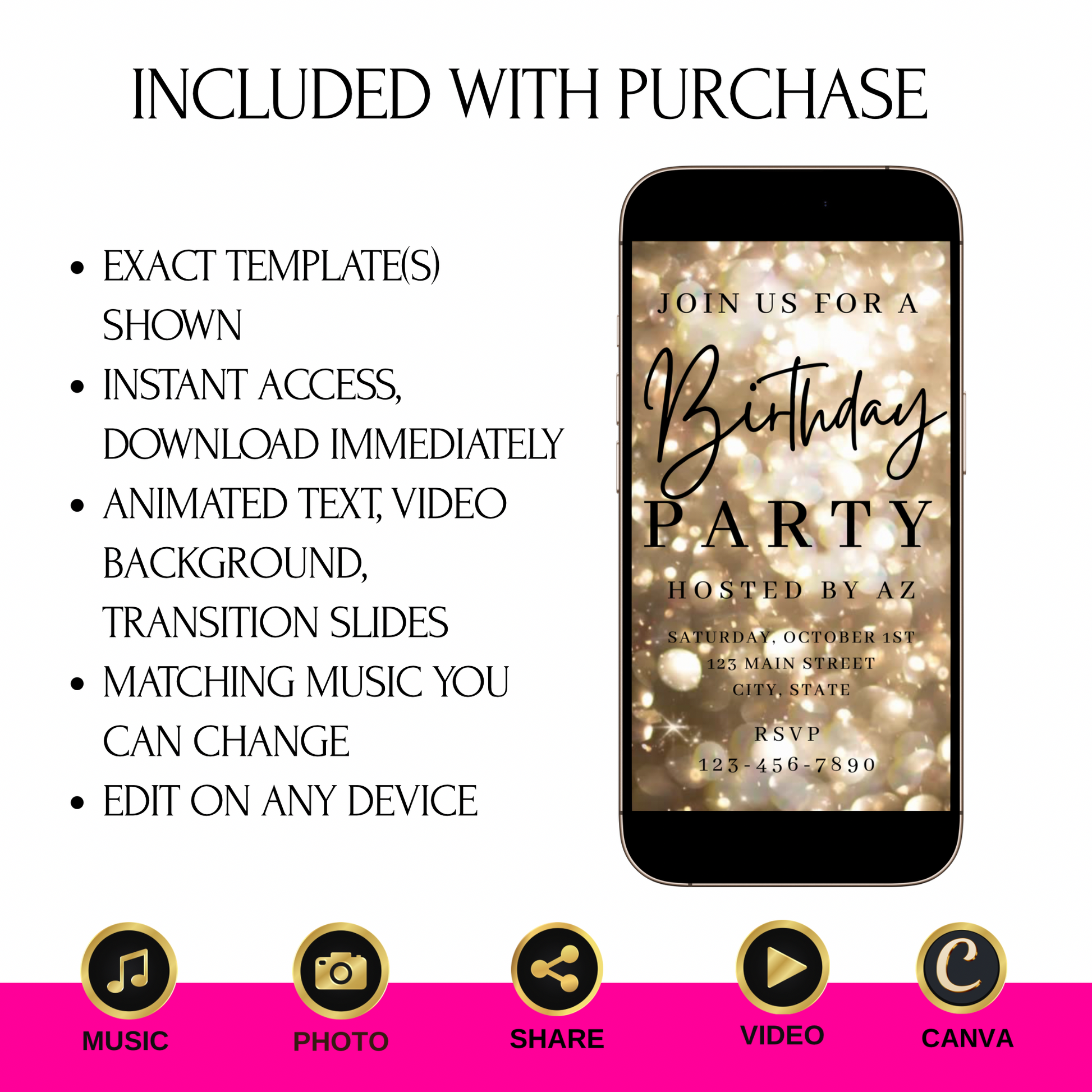 Elegant editable gold sparkle birthday invitation with glowing bokeh lights and bold black text. Designed for adult birthdays, girls’ nights, or milestone celebrations. Vertical 1080x1920 format, customizable in Canva. Perfect for texting, email, or social sharing. Luxe glitter design makes this invite ideal for 30th, 40th, or 50th birthday parties.