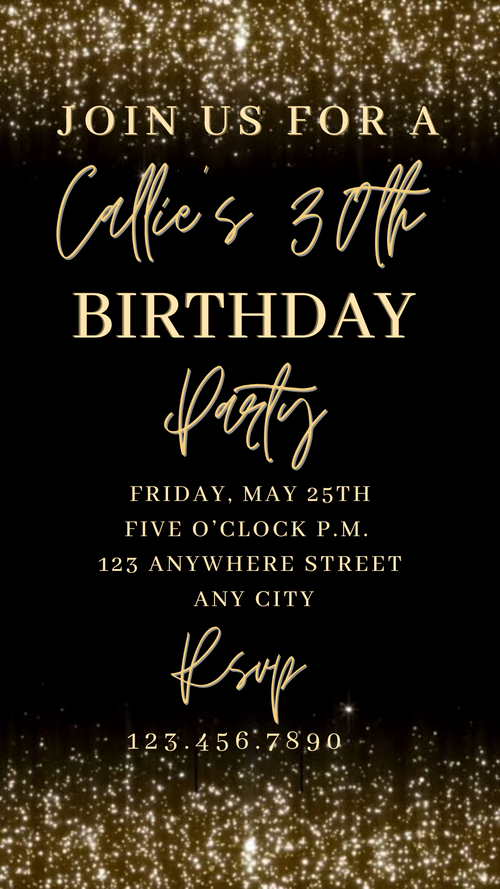 Editable gold sparkle digital invite displayed on smartphone
