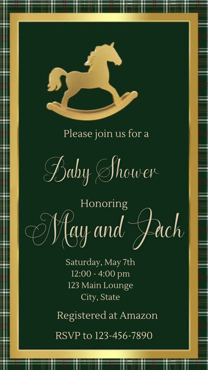 Editable green ralph lauren polo baby shower video invitation displayed on a mobile phone, featuring an animated vertical digital invite with music, created in Canva. This premium video invitation template is designed for sharing by text, email, and social media and works with an interactive RSVP website for easy guest response tracking.