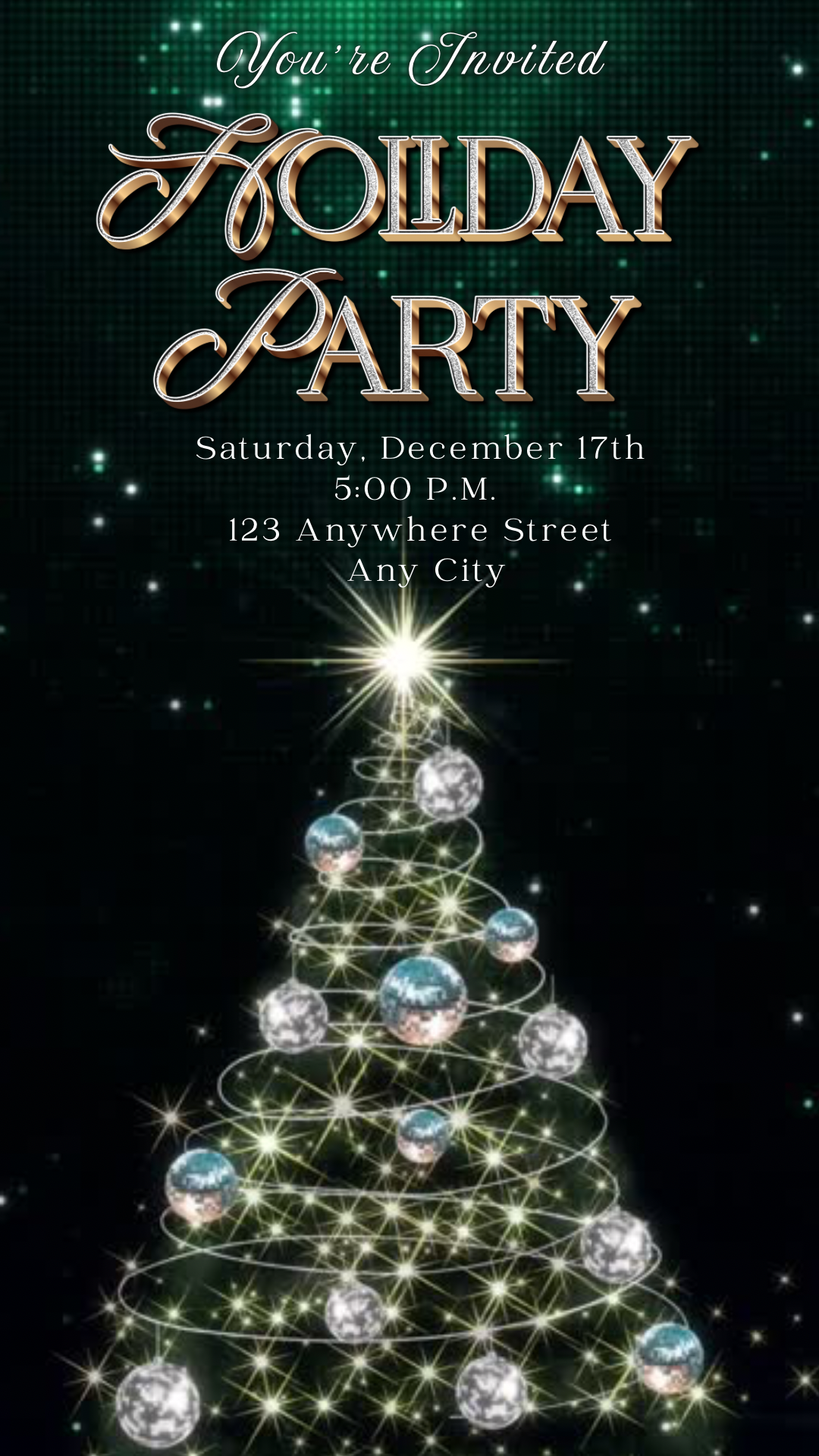 Editable Holiday Party video invitation featuring a sparkling Christmas tree decorated with glowing ornaments and twinkling lights. Perfect for office Christmas parties, family gatherings, or festive holiday celebrations. Mobile-friendly 1080x1920 Canva template with music, fully customizable text, and instant digital download. Easy to share via text, email, WhatsApp, or social media.