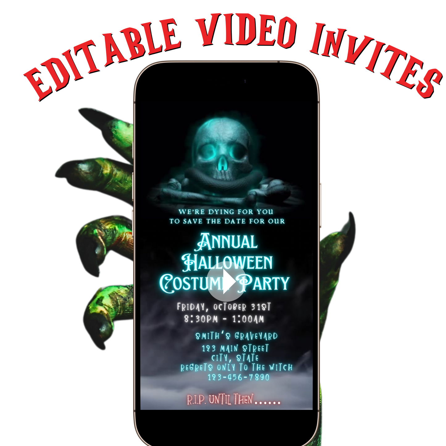 Halloween Video Invitation, Skull and Snake Animated Invite, Editable Halloween Party Mobile Evite