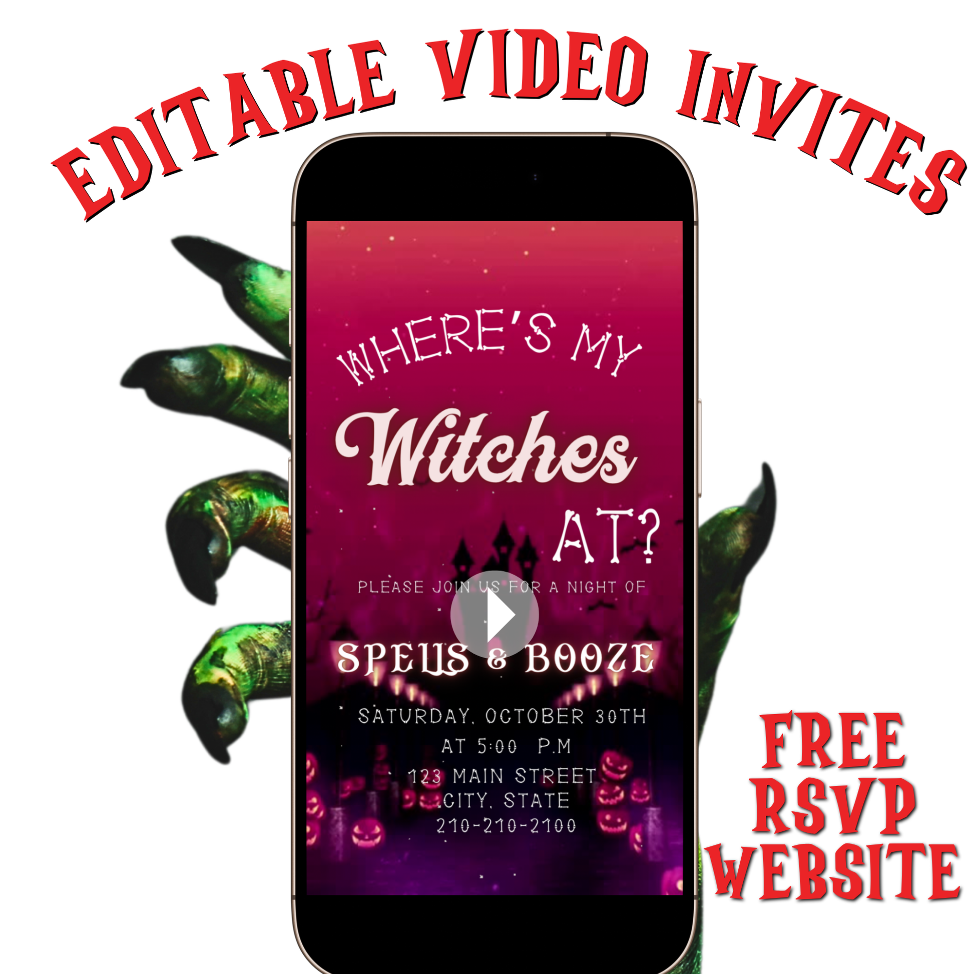 Phone screen displaying a Halloween-themed party invitation with text 'Where's my Witches at?' and promotional text for editable video invites.