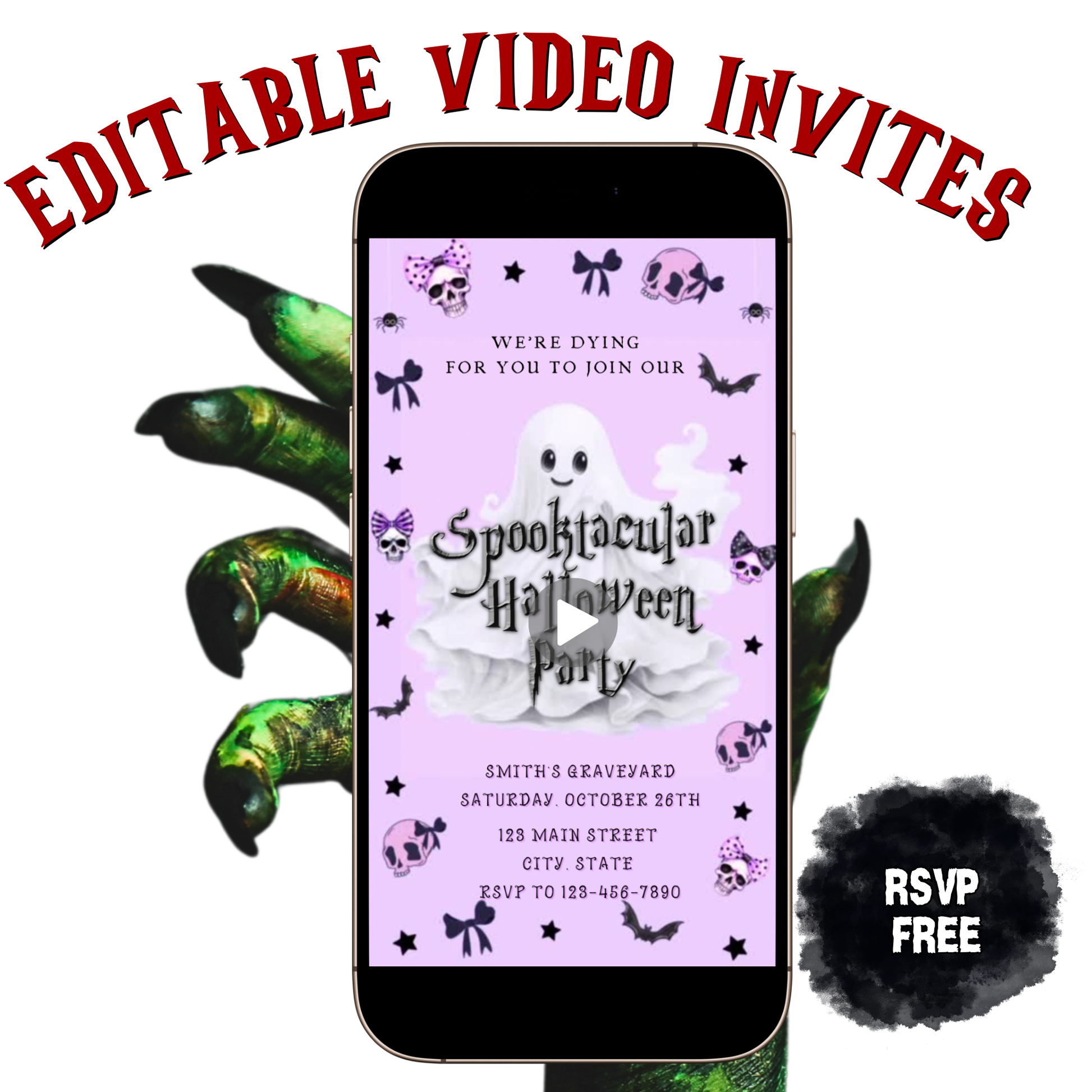 Phone displaying a Halloween party invitation with ghost and bats design, surrounded by green tentacle-like hands and a black pom-pom.