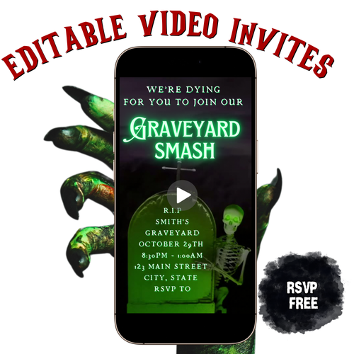 Halloween Video Invitation, Graveyard Smash Animated Invite, Editable Halloween Party Mobile Evite