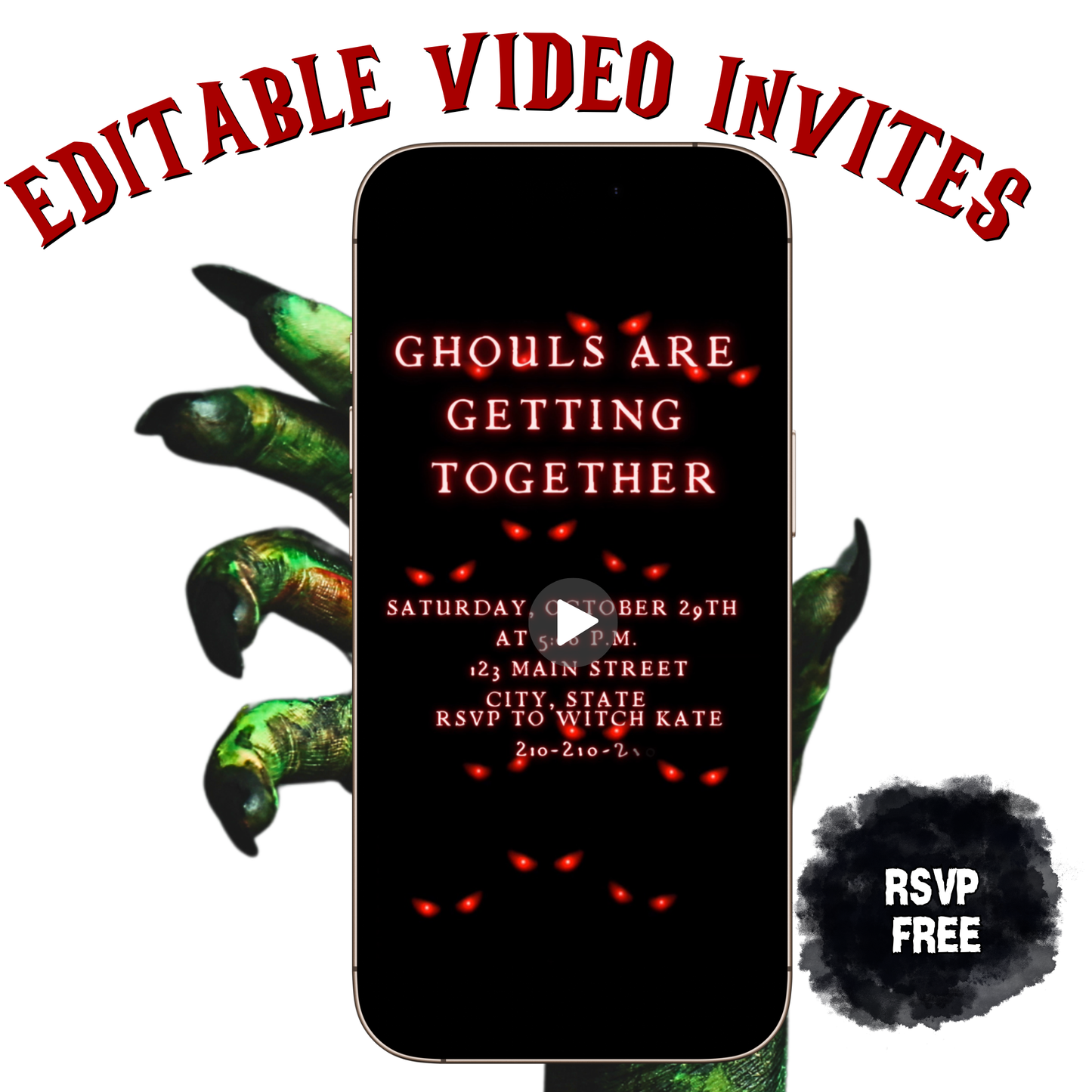 Halloween Video Invitation, Evil Eyes Animated Invite, Editable Halloween Party Mobile Evite