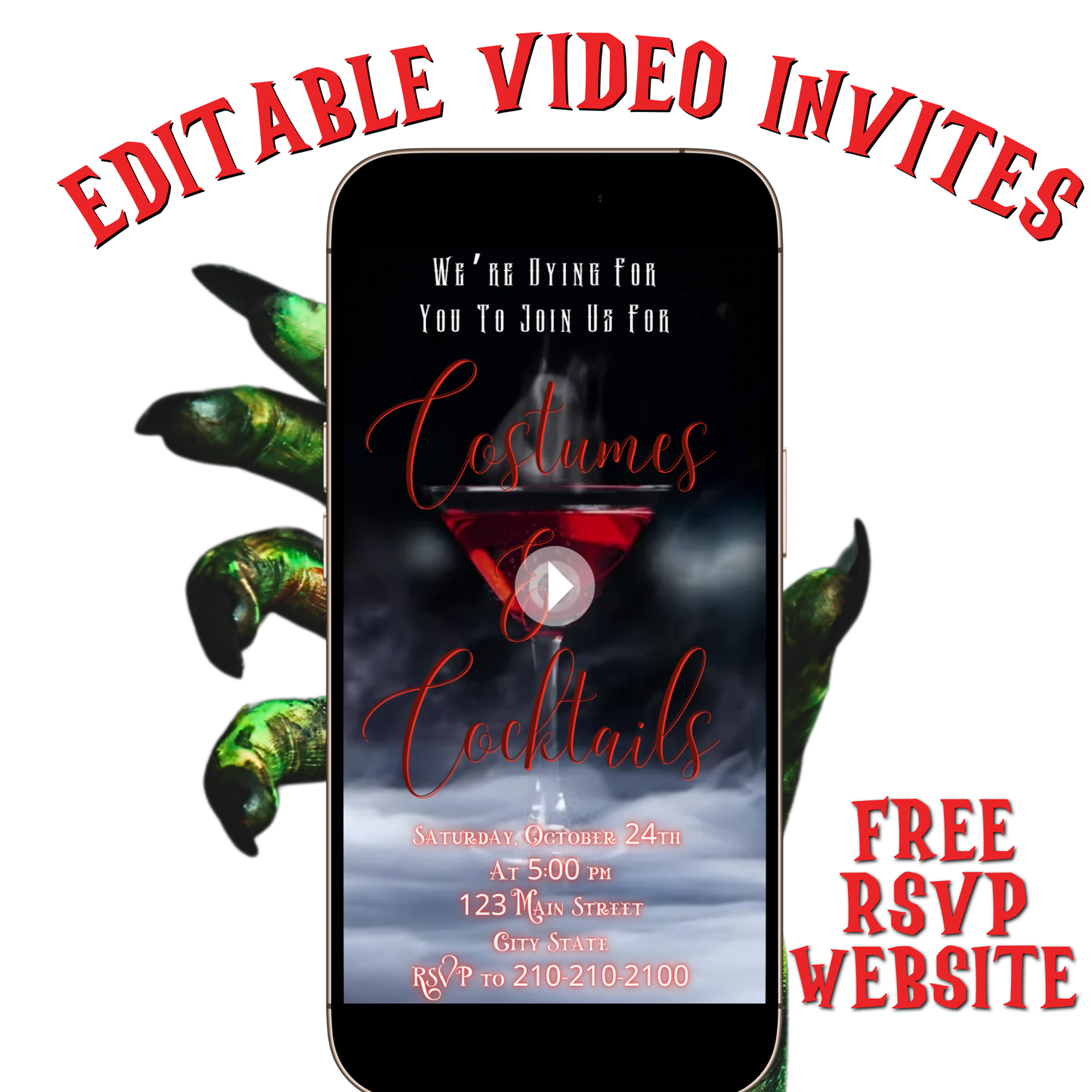 Halloween Cocktail and Costumes Animated Invite, Editable Halloween Party Evite