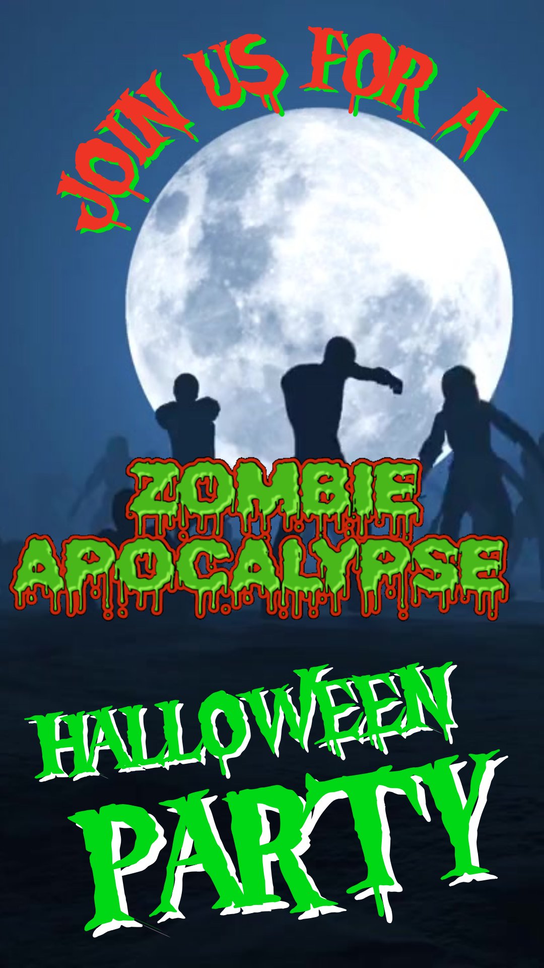 Promotional poster for a zombie apocalypse Halloween party with silhouettes against a moonlit sky.