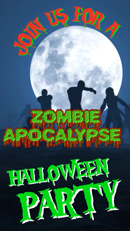 Promotional poster for a zombie apocalypse Halloween party with silhouettes against a moonlit sky.