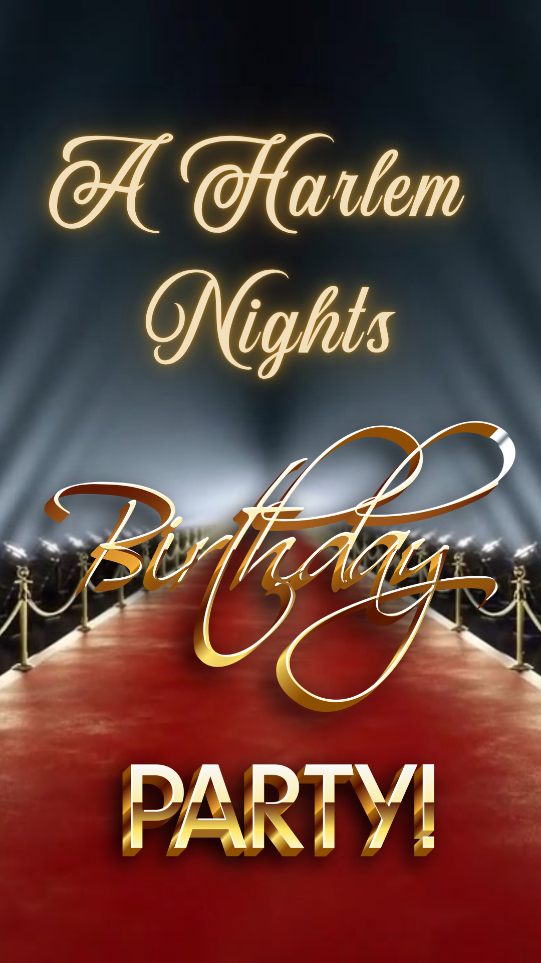 Promotional graphic for a Harlem Nights birthday party with gold text on a red carpet.