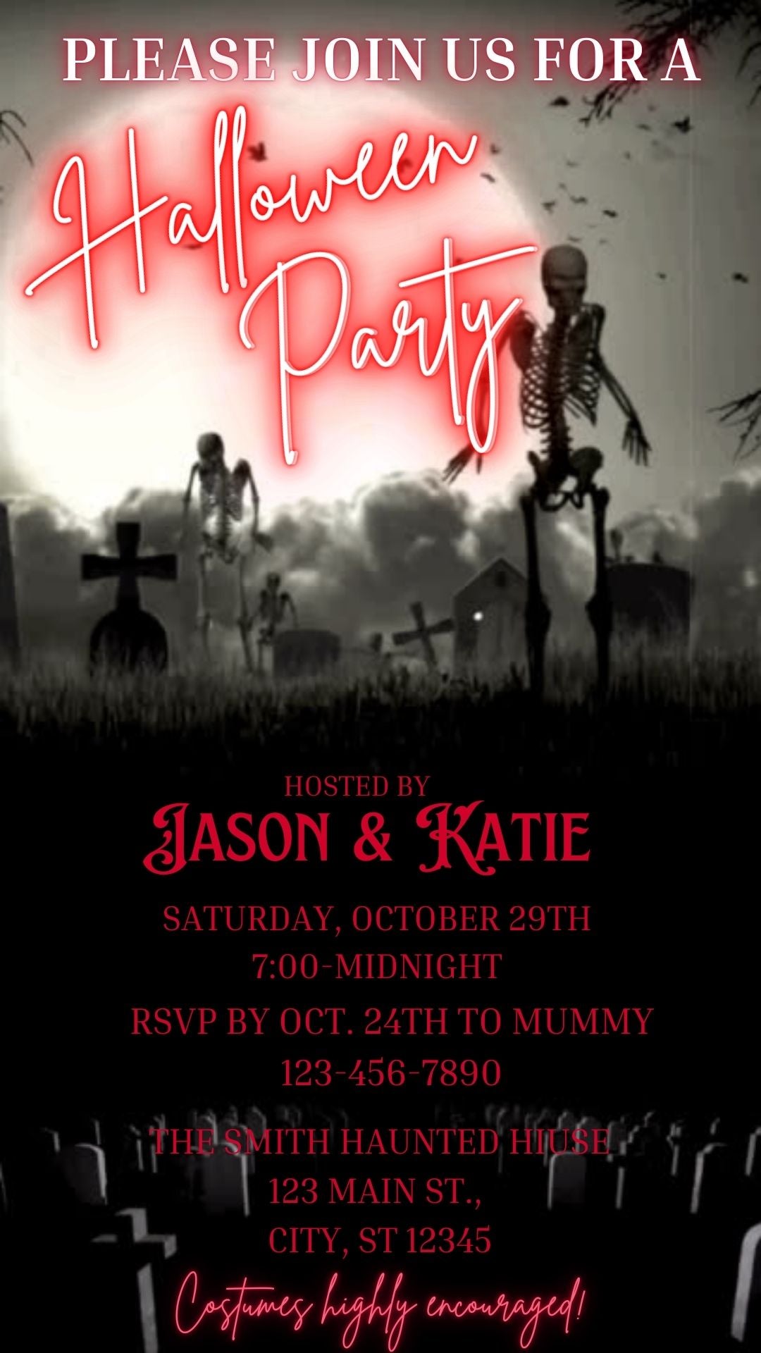 Editable graveyard halloween party party video invitation displayed on a mobile phone, featuring an animated vertical digital invite with music, created in Canva. This premium video invitation template is designed for sharing by text, email, and social media and works with an interactive RSVP website for easy guest response tracking.