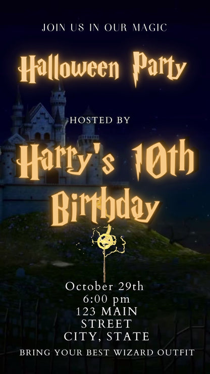Editable wizard halloween birthday birthday video invitation displayed on a mobile phone, featuring an animated vertical digital invite with music, created in Canva. This premium video invitation template is designed for sharing by text, email, and social media and works with an interactive RSVP website for easy guest response tracking.
