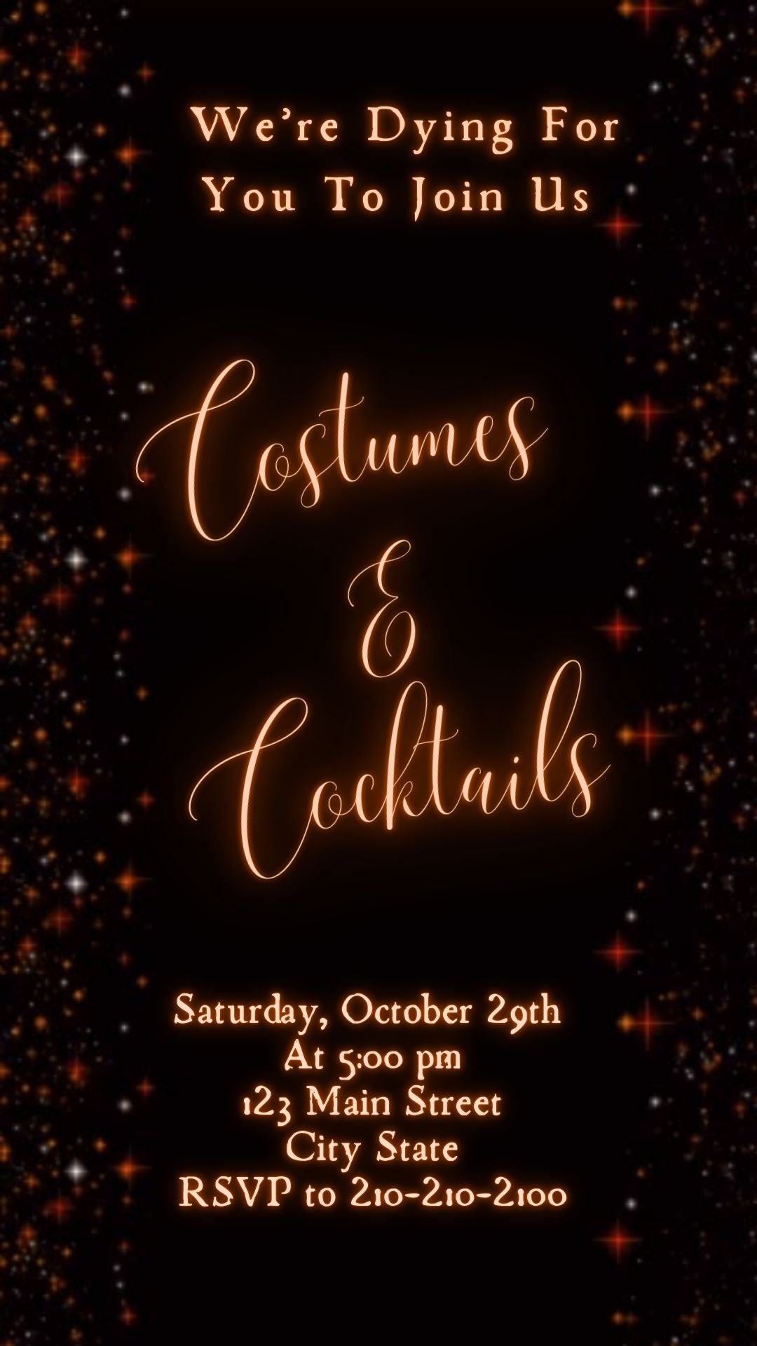 Editable sparkle halloween party party video invitation displayed on a mobile phone, featuring an animated vertical digital invite with music, created in Canva. This premium video invitation template is designed for sharing by text, email, and social media and works with an interactive RSVP website for easy guest response tracking.