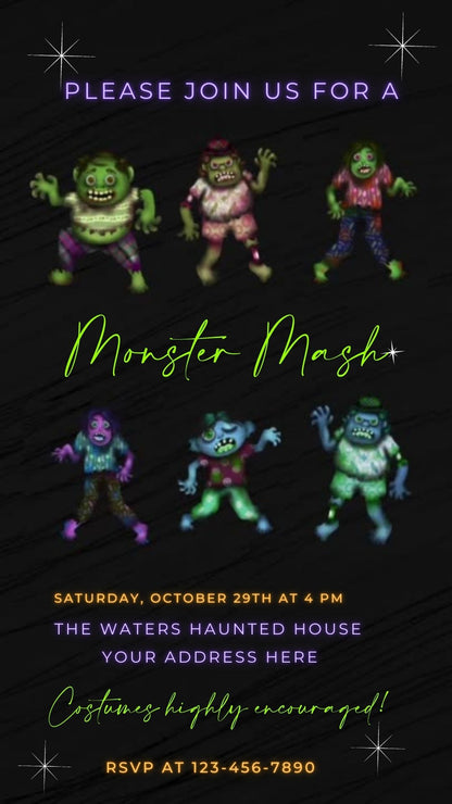 Editable monster mash halloween party party video invitation displayed on a mobile phone, featuring an animated vertical digital invite with music, created in Canva. This premium video invitation template is designed for sharing by text, email, and social media and works with an interactive RSVP website for easy guest response tracking.