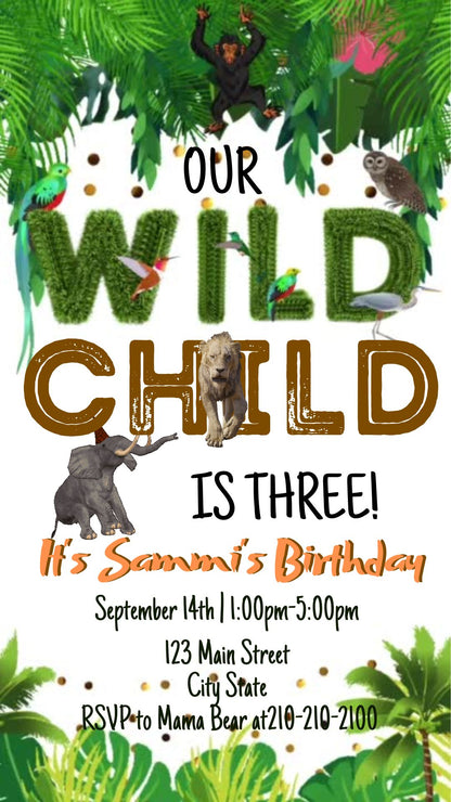 Editable wild jungle birthday birthday video invitation displayed on a mobile phone, featuring an animated vertical digital invite with music, created in Canva. This premium video invitation template is designed for sharing by text, email, and social media and works with an interactive RSVP website for easy guest response tracking.