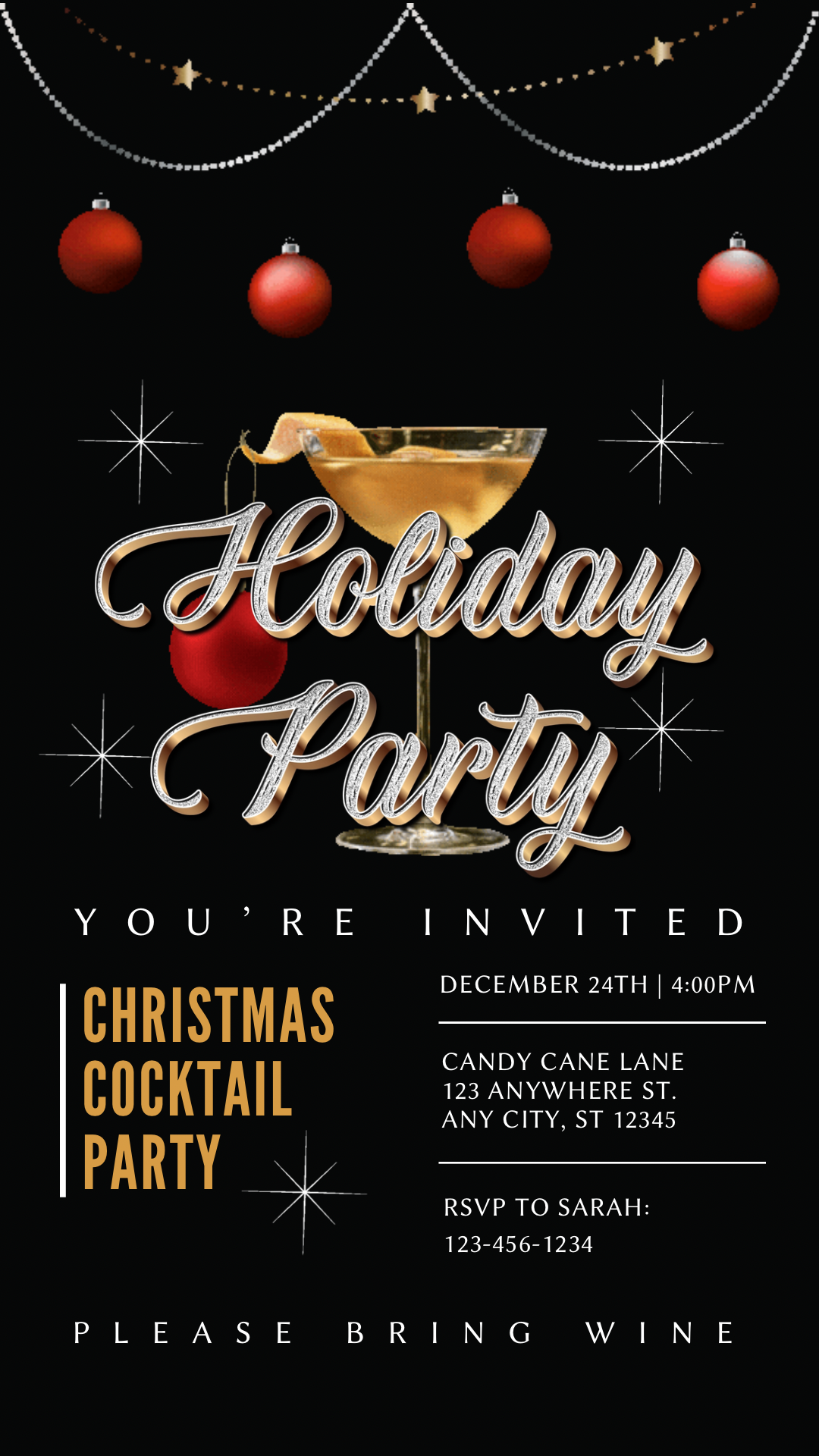 Christmas Party Video Invitation – Animated Holiday Cocktail Party - Editable Mobile Evite with Music