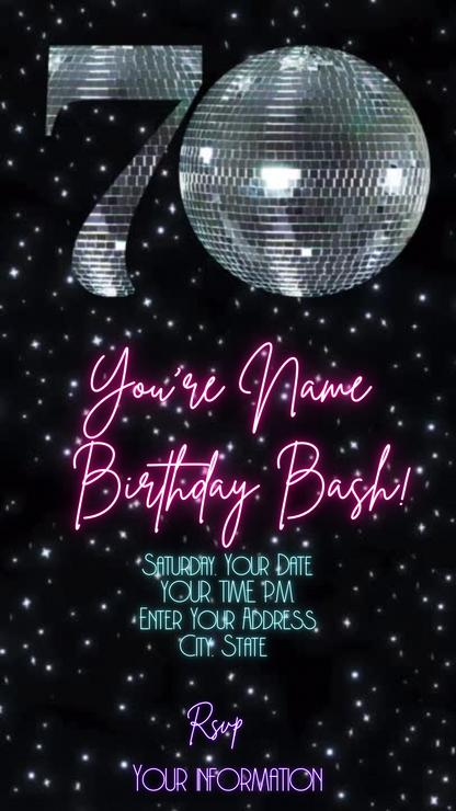 70th Disco Video Birthday Invite Editable Party